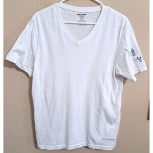 True Relition Men's M White V-Neck Shorts Sleeve T-Shirt Silver Accents